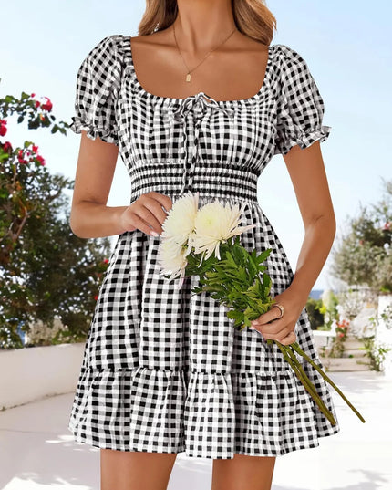 Gingham Smocked Puff Sleeve Summer Dress