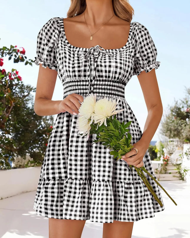 Gingham Smocked Puff Sleeve Summer Dress