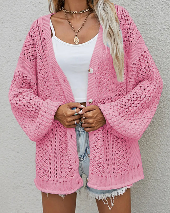 Openwork Button Front Cardigan Dusty Pink