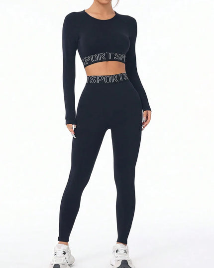 Letter Print Round Neck Long Sleeve Top and Leggings Active Set 