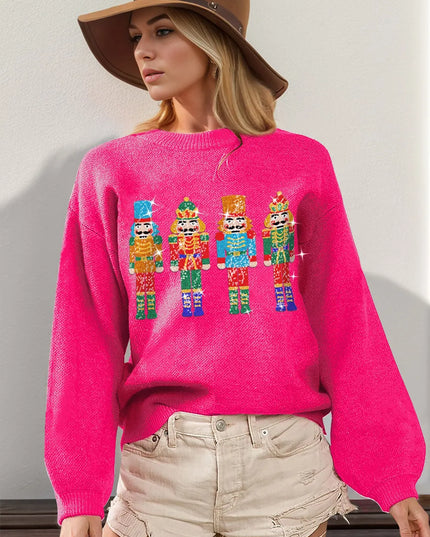 Double Take Full Size Sequin Nutcracker Long Sleeve Sweater Hot Pink