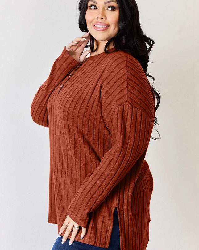 Basic Bae Full Size Ribbed Half Button Long Sleeve High-Low T-Shirt