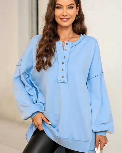 Buttoned Dropped Shoulder Sweatshirt Pastel Blue