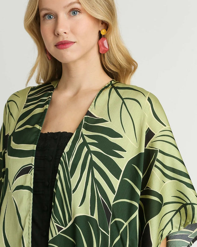 Umgee Satin Tropical Plant Print Open Front Kimono with Ruffle Details
