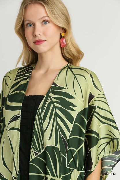 Umgee Satin Tropical Plant Print Open Front Kimono with Ruffle Details