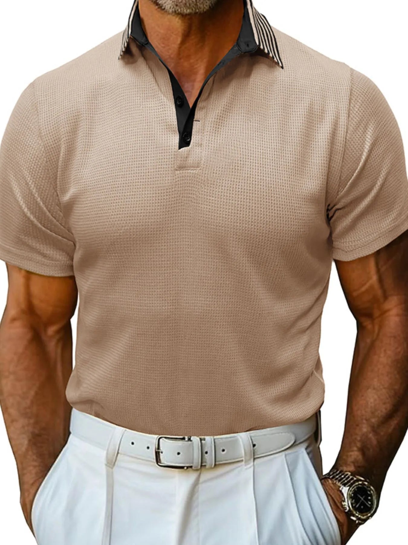 Men's Classic Textured Golf Polo Shirt Khaki