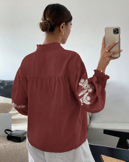 Embroidered Lantern Sleeve Blouse