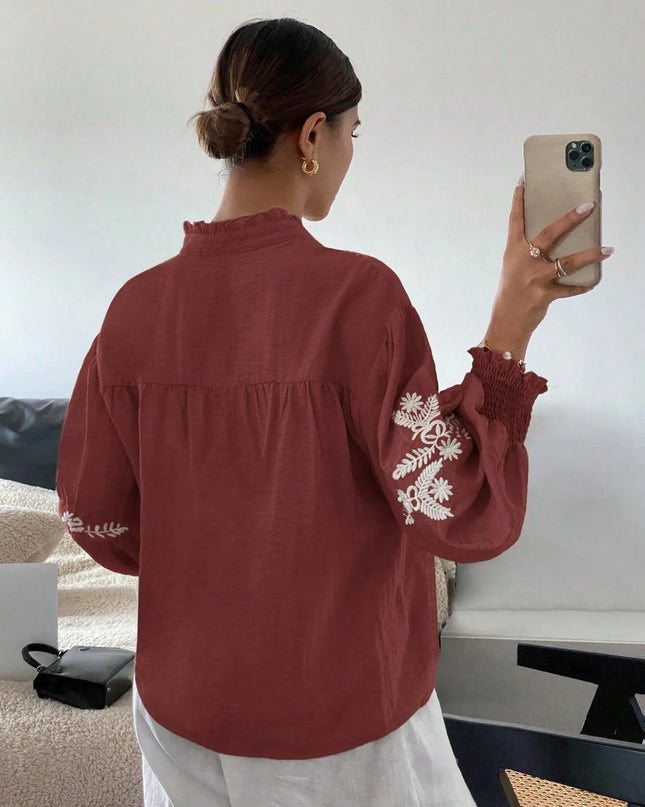Embroidered Lantern Sleeve Blouse
