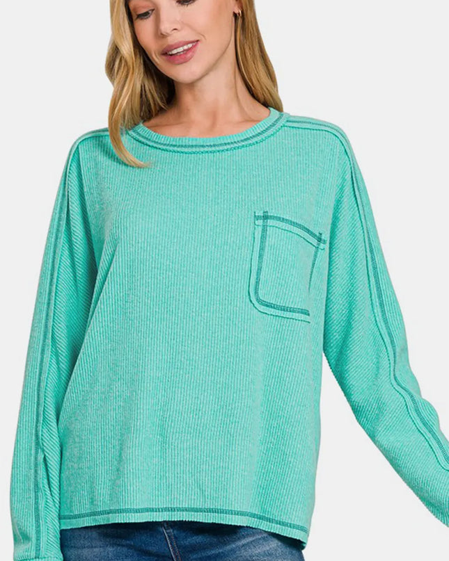 Zenana Full Size Contrast Stitching Brushed Ribbed Hacci Knit Top Plus Size Turquoise