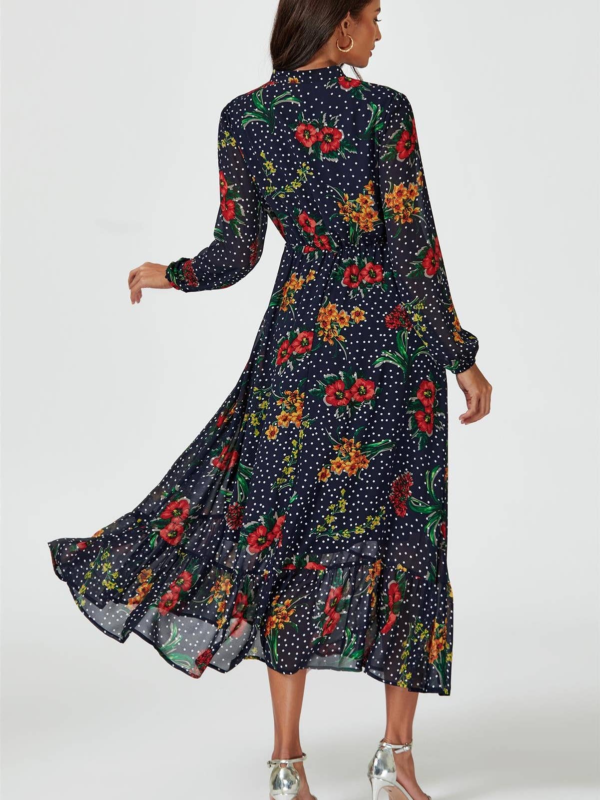 Floral Dot Print Maxi Dress in Navy