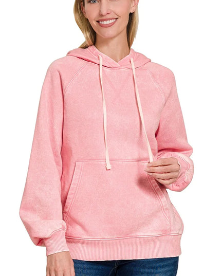 Zenana Acid Wash Fleece Hoodie with Kangaroo Pocket DK PINK
