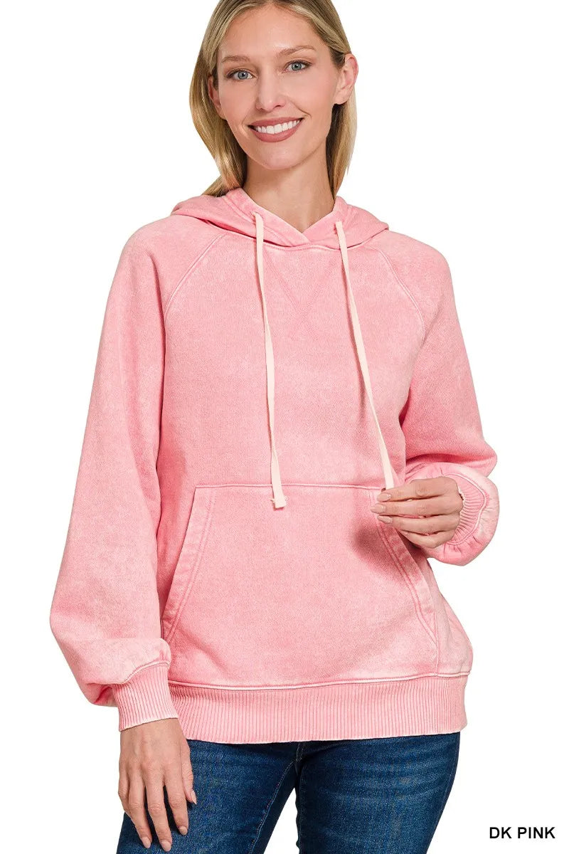 Zenana Acid Wash Fleece Hoodie with Kangaroo Pocket DK PINK