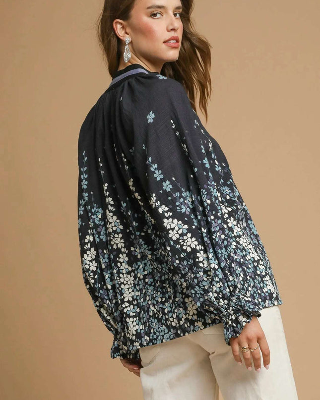 Umgee Full Size Floral Vine Print Blouse with Balloon Sleeves Plus Size