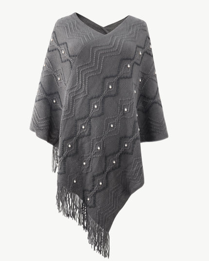 Pearl Trim V-Neck Fringe Hem Poncho Charcoal One Size