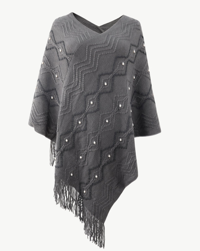 Pearl Trim V-Neck Fringe Hem Poncho Charcoal One Size