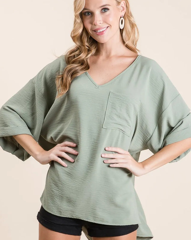 BiBi Flowy Woven V-Neck Top with Rolled Up Cuffs