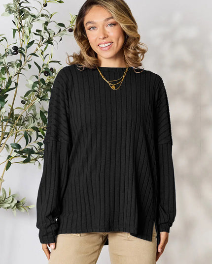 Basic Bae Full Size Ribbed Round Neck Slit Knit Top Black
