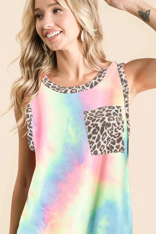 BiBi Sleeveless Tie Dye Top With Leopard Band