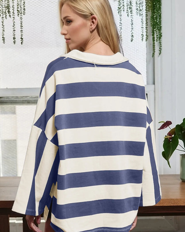 Oh Striped Johnny Collar Long Sleeve T-Shirt