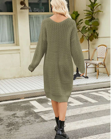 V-Neck Long Sleeve Sweater Dress