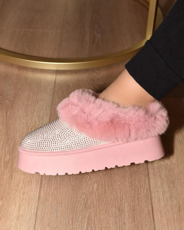 WILD DIVA Embellished Faux Fur Platform Booties Pink