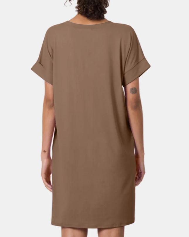 Zenana Rolled Short Sleeve V-Neck Dress