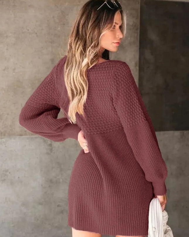 Perfee V-Neck Long Sleeve Sweater Dress