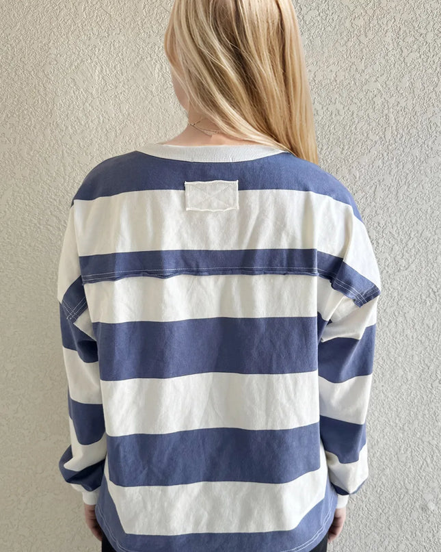 Oh Pima Cotton Wash Exposed Seam Contrast Striped Round Neck Long Sleeve T-Shirt