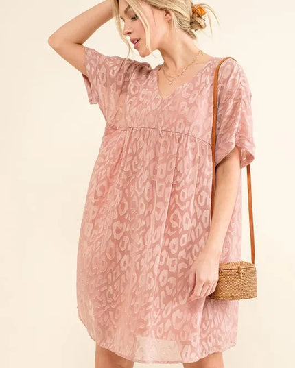 And The Why Woven Leopard Baby Doll Roll-Sleeve Casual Dress Mauve
