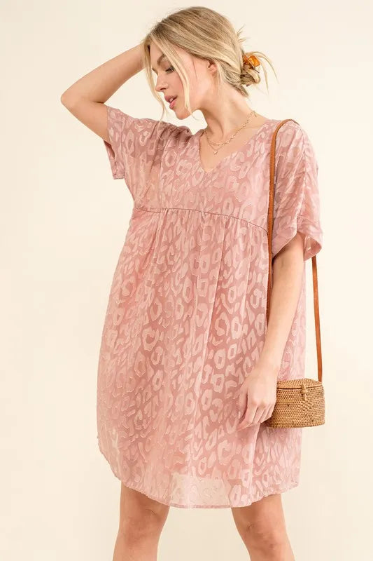 And The Why Woven Leopard Baby Doll Roll-Sleeve Casual Dress Mauve