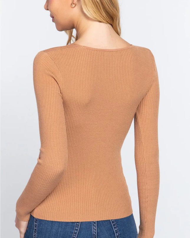 ACTIVE BASIC V-Neck Fitted Viscose Rib Knit Top