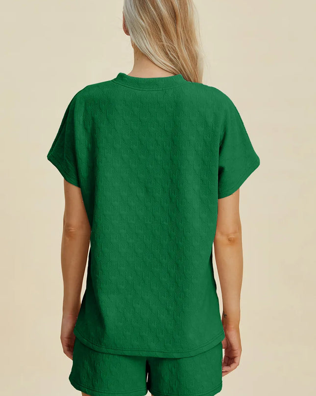 Double Take Full Size Texture Round Neck Short Sleeve Top and Shorts Set