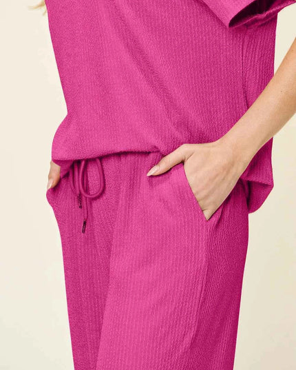 Double Take Full Size Texture Round Neck Short Sleeve T-Shirt and Wide Leg Pants