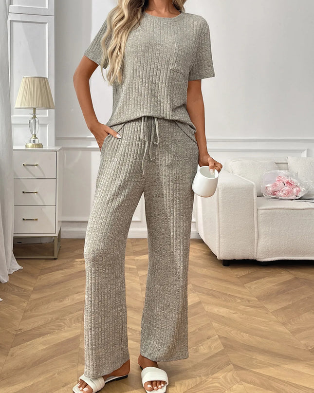 Ribbed Knit Short Sleeve Top and Pants Lounge Set