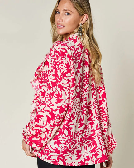 Double Take Full Size Printed Ruffle Trim Balloon Sleeve Shirt