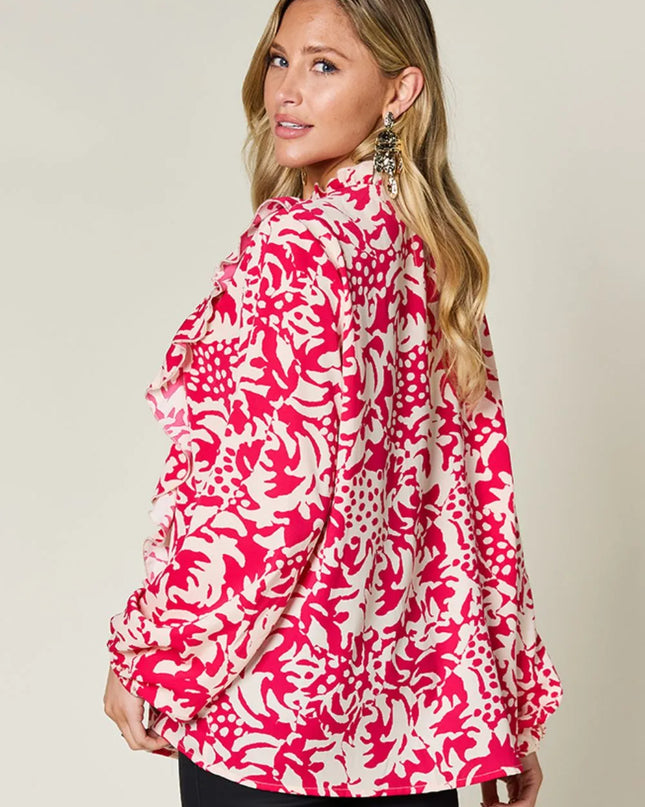 Double Take Full Size Printed Ruffle Trim Balloon Sleeve Shirt