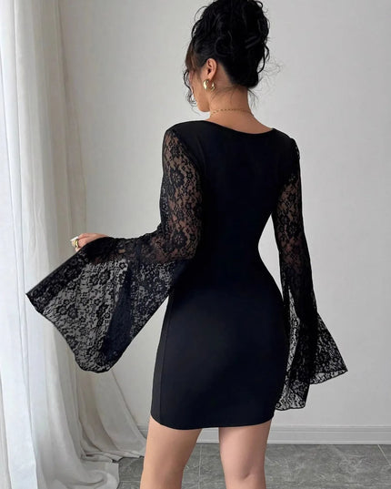 Square Neck Lace Bell Sleeve Bodycon Dress