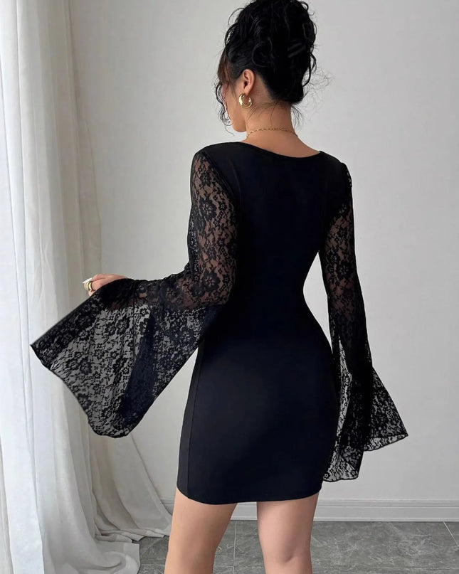 Square Neck Lace Bell Sleeve Bodycon Dress