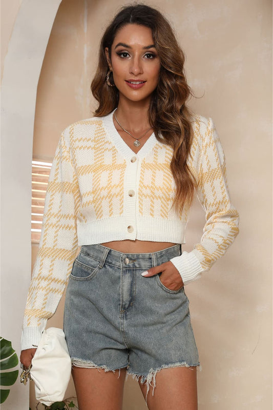 V-Neck Cropped Button-Up Cardigan Gold