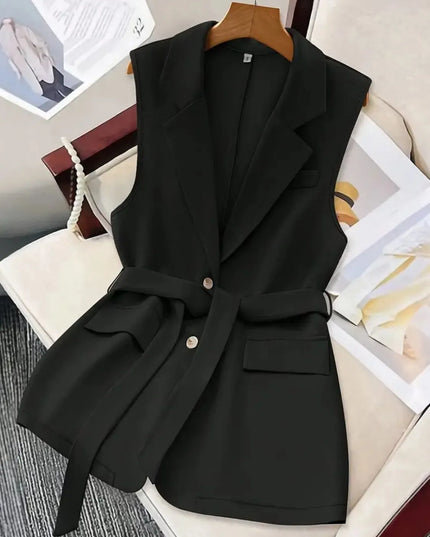 Tie Waist Lapel Collar Sleeveless Blazer Black