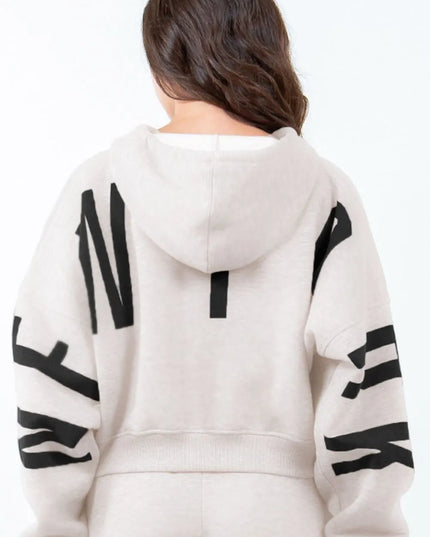 American Bazi Letter Graphic Long Sleeve Drawstring Cropped Hoodie ALMOND BLACK
