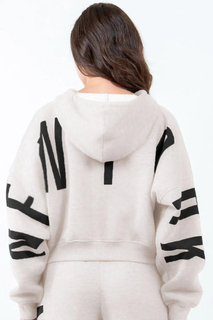 American Bazi Letter Graphic Long Sleeve Drawstring Cropped Hoodie ALMOND BLACK