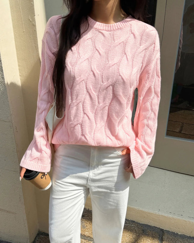 Cable Knit Long Sleeve Sweater Pink