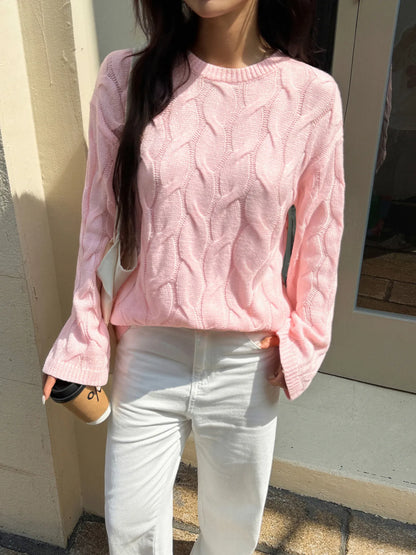 Cable Knit Long Sleeve Sweater Pink