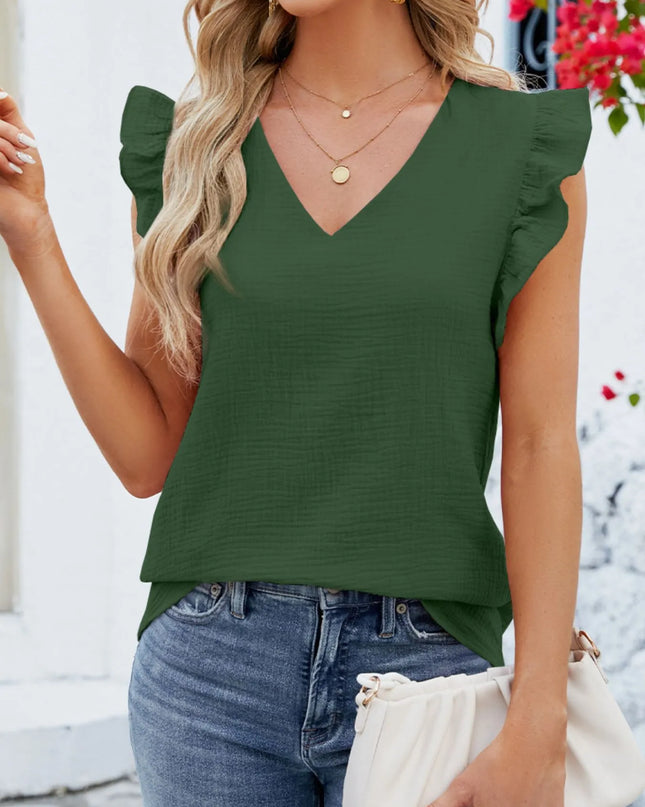 V-Neck Ruffled Sleeve Top Green