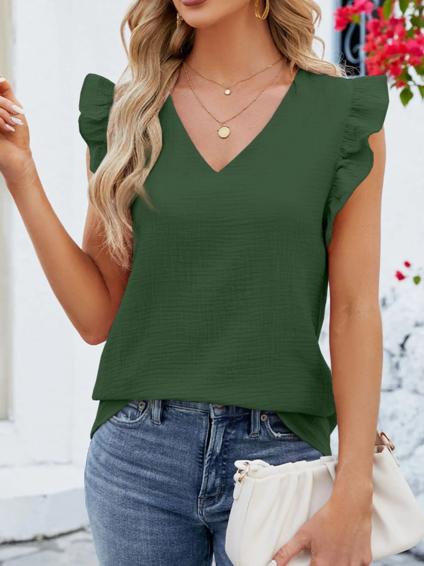 V-Neck Ruffled Sleeve Top Green