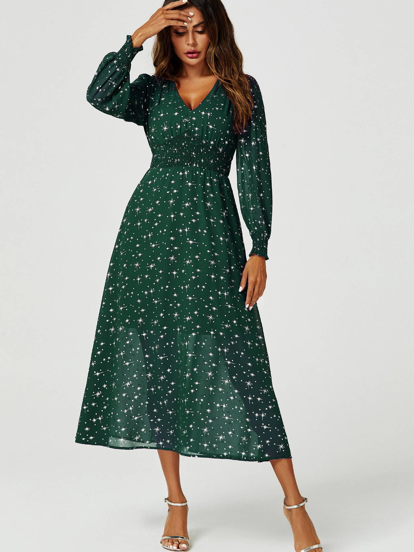 Silver Star Foil Long Sleeve Maxi Dress in Green