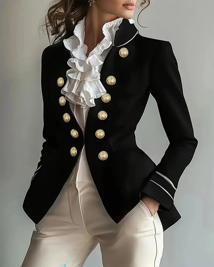 Decorative Button Hight-Low Blazer with Cuff Trim Black