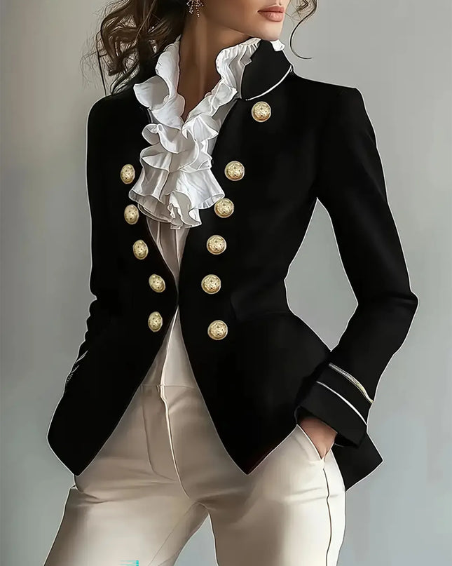 Decorative Button Hight-Low Blazer with Cuff Trim Black