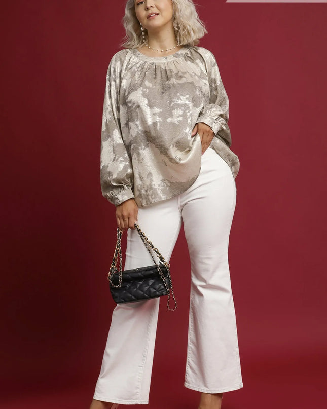 Umgee Full Size Metallic Fabric Blouse with Balloon Sleeves Plus Size
